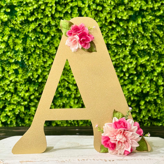 Gold Glitter Letter with Floral Accent – Personalized Initial